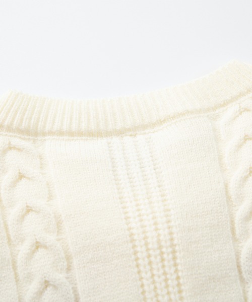 HOOK(フック)の「HOOK for girls 刺繍リボン ケーブルニットカーディガン 裾チェック切替 レイヤード風 (AW)(カーディガン/ボレロ・レディース・グレー/ライトベージュ/ピンク・FREE)」の14枚目の写真