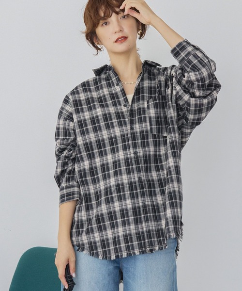 AMERICAN HOLIC(アメリカンホリック)の「フリンジヘム起毛チェックシャツ(シャツ/ブラウス・レディース・ブルー系その他3/ブラック系その他3・L/M)」の11枚目の写真