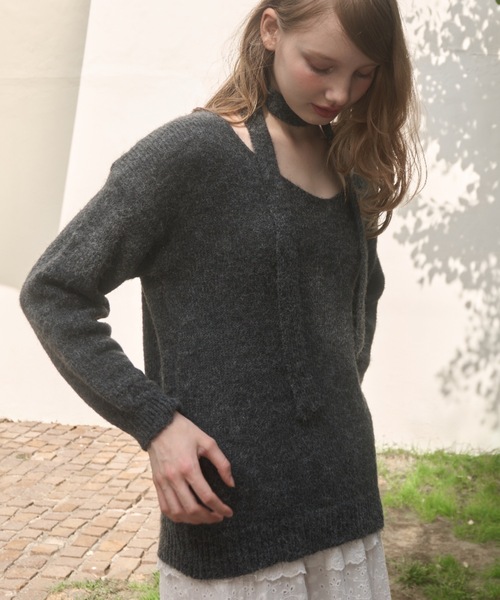 Birthday room(バースデイルーム)の「Vネックタイ付きニット/V-neck tie knit(ニット/セーター・レディース・ダークグレー/アイボリー・FREE)」の17枚目の写真