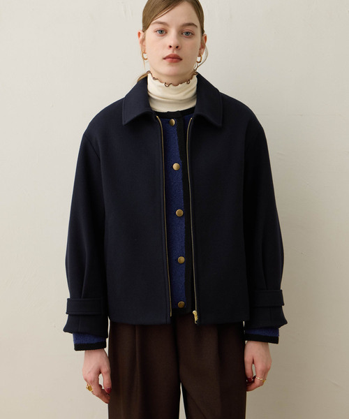 90s～ 日本製 Mサイズ ウール レザーコンビ ショート丈 ブルゾン ネイビー セール】ウールライクジップブルゾン（その他アウター）｜LE SOUK