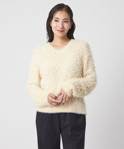 A DAY IN THE LIFE UNITED ARROWS(アデイインザライフユナイテッドアローズ)の「フェザー×チュール Vネックニット <A DAY IN THE LIFE>(ニット/セーター・レディース・オフホワイト/ブラック・FREE)」の1枚目の写真