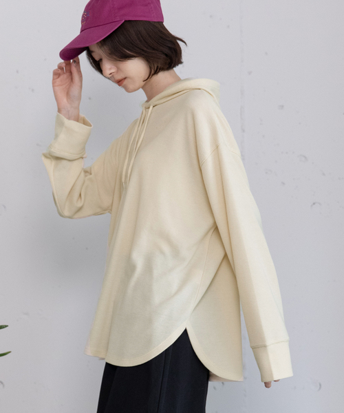 POU DOU DOU（プードゥドゥ）の「ヘンリーネックフーディトップス（Tシャツ/カットソー・レディース・ブルー/グレー/キナリ・M）」の6枚目の写真