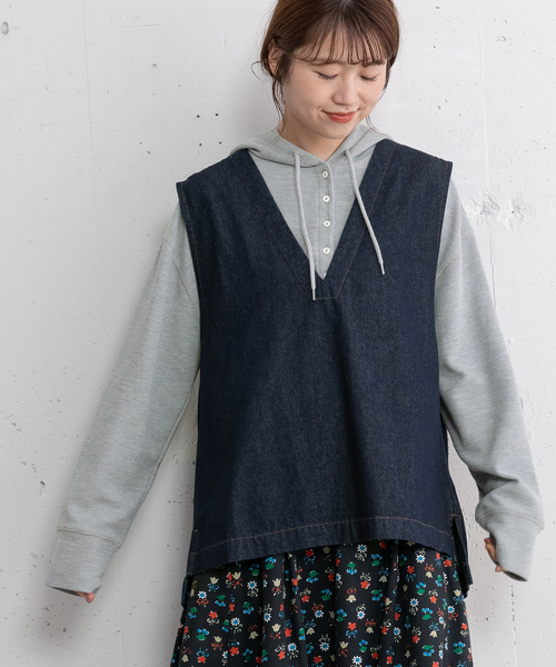 POU DOU DOU（プードゥドゥ）の「ヘンリーネックフーディトップス（Tシャツ/カットソー・レディース・ブルー/グレー/キナリ・M）」の22枚目の写真