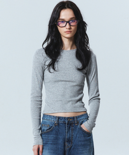 NICK&NICOLE(ニックアンドニコール)の「RIBBED SEMI CROP ROUND TOP_GRAY(Tシャツ/カットソー・レディース・その他・MEDIUM/LARGE)」の1枚目の写真