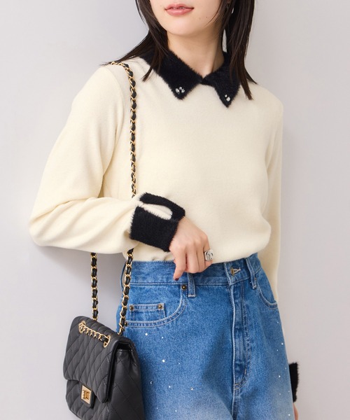 VIS（ビス）の「ビジュー付きシャギーカラーニットトップス（ニット/セーター・レディース・ブラック/ライトグレー/ホワイト・FREE）」の2枚目の写真