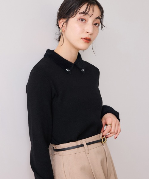 VIS（ビス）の「ビジュー付きシャギーカラーニットトップス（ニット/セーター・レディース・ブラック/ライトグレー/ホワイト・FREE）」の3枚目の写真