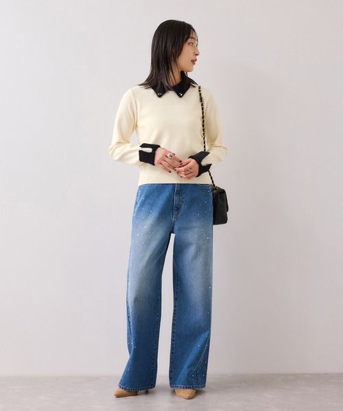 VIS（ビス）の「ビジュー付きシャギーカラーニットトップス（ニット/セーター・レディース・ブラック/ライトグレー/ホワイト・FREE）」の6枚目の写真