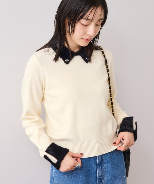 VIS（ビス）の「ビジュー付きシャギーカラーニットトップス（ニット/セーター・レディース・ブラック/ライトグレー/ホワイト・FREE）」の4枚目の写真