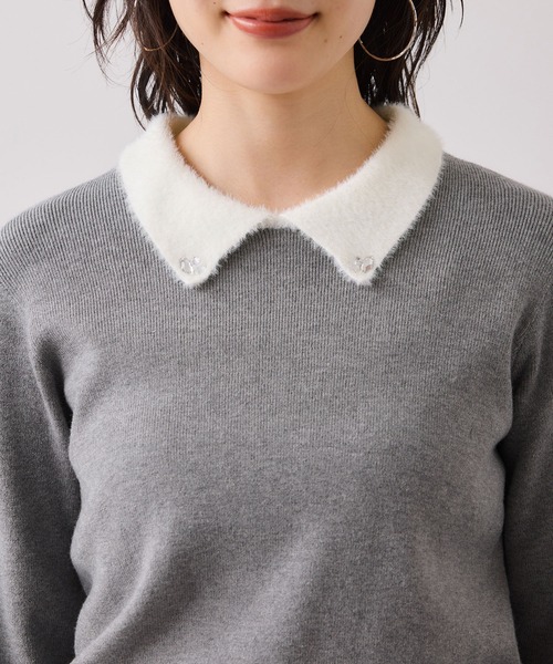 VIS（ビス）の「ビジュー付きシャギーカラーニットトップス（ニット/セーター・レディース・ブラック/ライトグレー/ホワイト・FREE）」の12枚目の写真