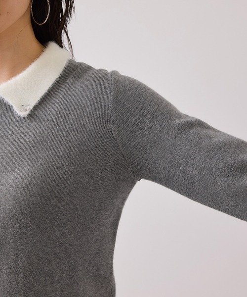 VIS（ビス）の「ビジュー付きシャギーカラーニットトップス（ニット/セーター・レディース・ブラック/ライトグレー/ホワイト・FREE）」の13枚目の写真