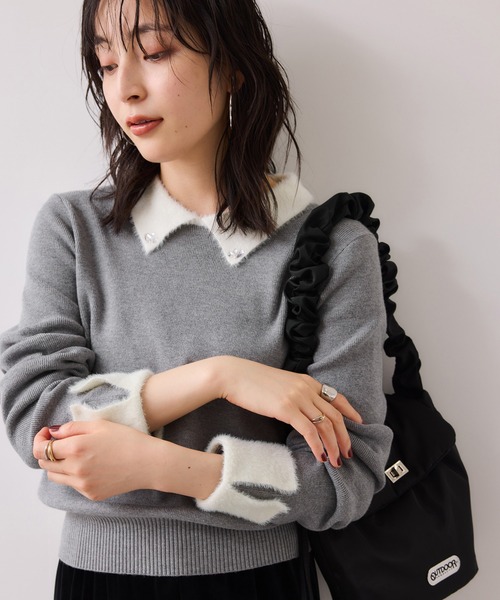 VIS（ビス）の「ビジュー付きシャギーカラーニットトップス（ニット/セーター・レディース・ブラック/ライトグレー/ホワイト・FREE）」の22枚目の写真