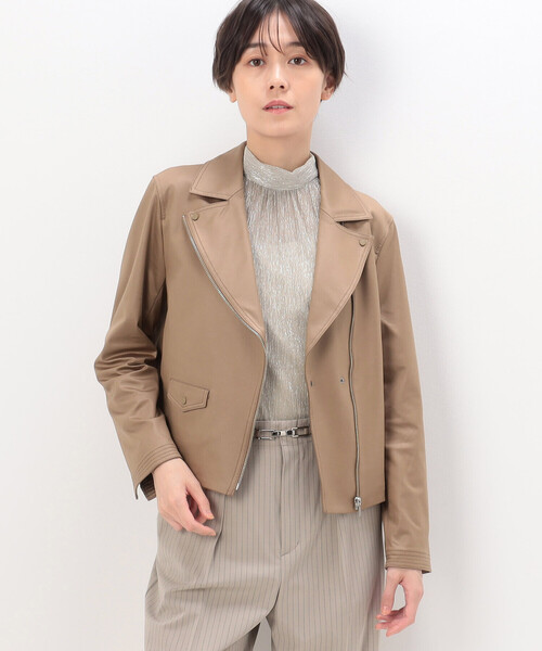 K.T KIYOKO TAKASE(キヨコタカセ)の「〔 TALLサイズ 〕 ポンチフェイクレザーエンボス ライダースジャケット(ライダースジャケット・レディース・キャメル/ブラック・15号)」の2枚目の写真