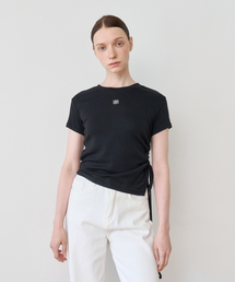 BIBYSEOB（バイバイソプ）の「Unbalanced shirring half shirt black [T42]（Tシャツ/カットソー）」