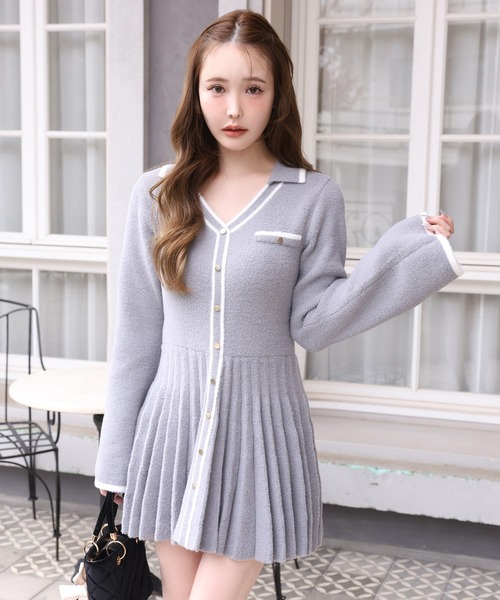 襟付き配色ニットミニワンピース（ワンピース）｜one after another