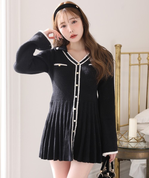 セール】襟付き配色ニットミニワンピース（ワンピース）｜one after