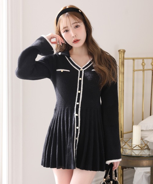 セール】襟付き配色ニットミニワンピース（ワンピース）｜one after