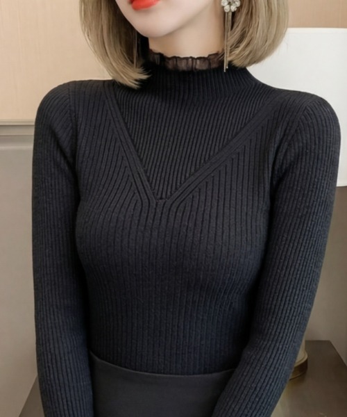 cammie（キャミー）の「シアーレイヤードリブトップス（ニット/セーター・レディース・アイボリー/ブラック/ブルー・F）」の2枚目の写真