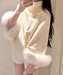ファー袖フレアフケーブル編みニット