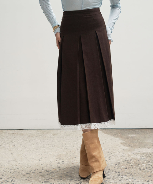 320SHOWROOM(320ショールーム)の「Inverted Pleat Lace Trim Midi Wool Skirt Brown(スカート・レディース・その他・SMALL/MEDIUM)」の1枚目の写真