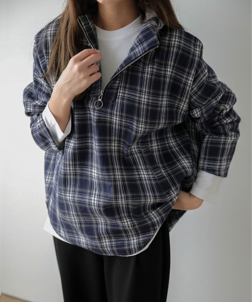 La-gemme(ラジェム)の「ハーフジップチェックフーディー(パーカー・レディース・ネイビー系/ベージュ系/ブラウン系・フリー)」の12枚目の写真