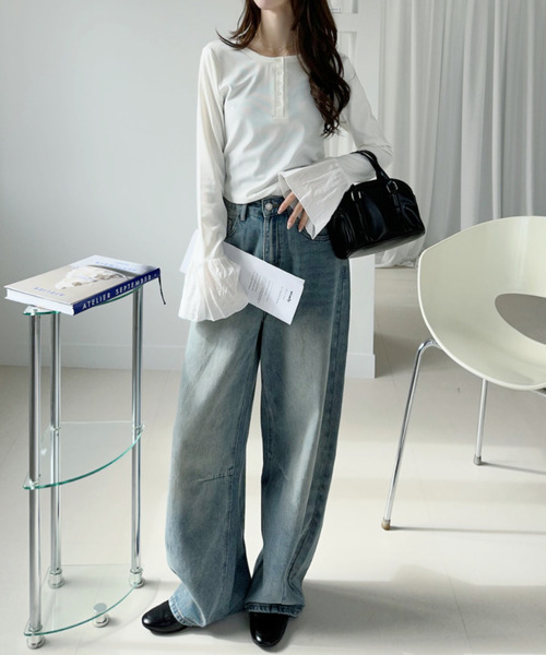 Ada.(エイダ)の「袖口フリル切替 ヘンリーネック ロングスリーブ トップス(Tシャツ/カットソー・レディース・ブラック/グレー/ホワイト・FREE)」の11枚目の写真