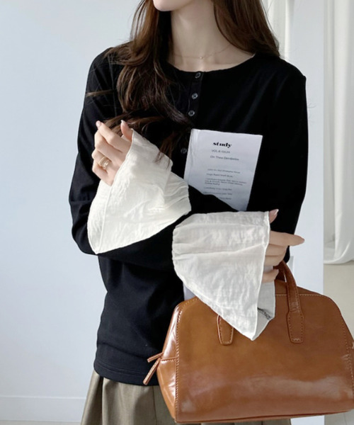 Ada.(エイダ)の「袖口フリル切替 ヘンリーネック ロングスリーブ トップス(Tシャツ/カットソー・レディース・ブラック/グレー/ホワイト・FREE)」の17枚目の写真