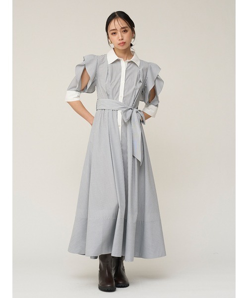 SNIDEL(スナイデル)の「Sustainableフリルデザインシャツワンピース(ワンピース・レディース・チェック/ストライプ/ホワイト・0/1)」の8枚目の写真