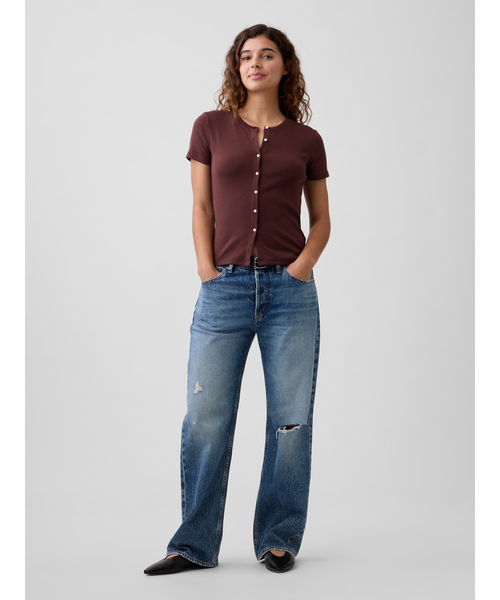 GAP(ギャップ)の「リブ ボタンアップトップス 半袖カーディガン(カーディガン/ボレロ・レディース・ブラック/ホワイト/ブラウン・L/M/XS/S/XL/XXS)」の7枚目の写真