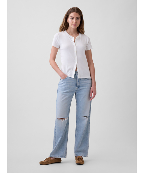 GAP(ギャップ)の「リブ ボタンアップトップス 半袖カーディガン(カーディガン/ボレロ・レディース・ブラック/ホワイト/ブラウン・L/M/XS/S/XL/XXS)」の9枚目の写真