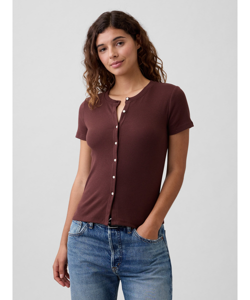 GAP(ギャップ)の「リブ ボタンアップトップス 半袖カーディガン(カーディガン/ボレロ・レディース・ブラック/ホワイト/ブラウン・L/M/XS/S/XL/XXS)」の21枚目の写真