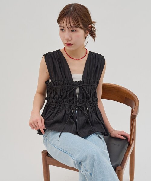 ギャザーリボンノースリーブブラウス GeeRA｜ギャザーリボンノースリブラウス | Rakuten Fashion(楽天