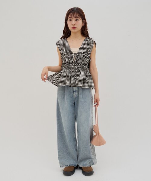 DISCOAT（ディスコート）の「【umm.】柄アソートギャザーリボンノースリ（シャツ/ブラウス・レディース・ブラック/オフホワイト/ブラック系その他・FREE）」の4枚目の写真