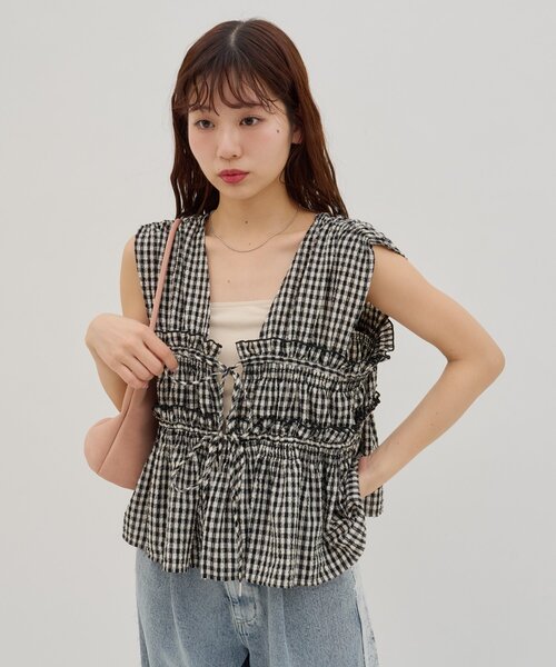 DISCOAT（ディスコート）の「【umm.】柄アソートギャザーリボンノースリ（シャツ/ブラウス・レディース・ブラック/オフホワイト/ブラック系その他・FREE）」の6枚目の写真