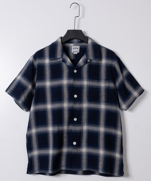 HOUSTON（ヒューストン）の「【22】〔HOUSTON/ヒューストン〕ヘリンボーン オープンカラーチェック ハーフスリーブシャツ（シャツ/ブラウス・メンズ・ブルー/ライトブルー/ブルー系2/ブルー系1・MEDIUM/LARGE）」の4枚目の写真