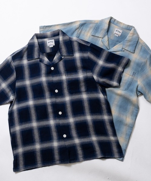 HOUSTON（ヒューストン）の「【22】〔HOUSTON/ヒューストン〕ヘリンボーン オープンカラーチェック ハーフスリーブシャツ（シャツ/ブラウス・メンズ・ブルー/ライトブルー/ブルー系2/ブルー系1・MEDIUM/LARGE）」の8枚目の写真