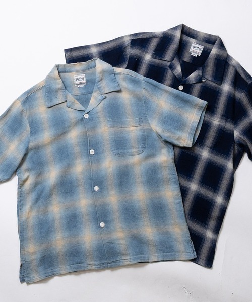 HOUSTON（ヒューストン）の「【22】〔HOUSTON/ヒューストン〕ヘリンボーン オープンカラーチェック ハーフスリーブシャツ（シャツ/ブラウス・メンズ・ブルー/ライトブルー/ブルー系2/ブルー系1・MEDIUM/LARGE）」の7枚目の写真