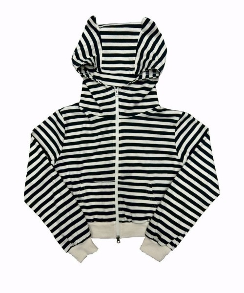 Never mind the XU / Chikashitsu+（ネバーマインド ザ エックスユー / チカシツプラス）の「【nmtc+】border horn zip up hoodie / 【エヌエムティーシープラス】ボーダーツノジップアップパーカー（パーカー・レディース・グレー/ブラック・ONE SIZE）」の4枚目の写真
