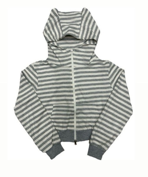 Never mind the XU / Chikashitsu+（ネバーマインド ザ エックスユー / チカシツプラス）の「【nmtc+】border horn zip up hoodie / 【エヌエムティーシープラス】ボーダーツノジップアップパーカー（パーカー・レディース・グレー/ブラック・ONE SIZE）」の19枚目の写真