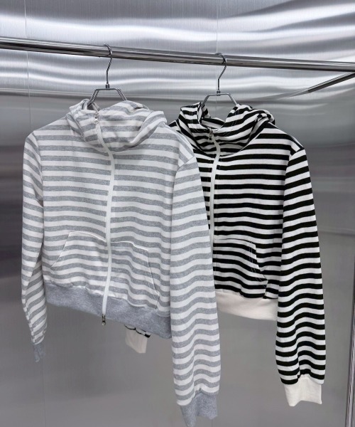 Never mind the XU / Chikashitsu+（ネバーマインド ザ エックスユー / チカシツプラス）の「【nmtc+】border horn zip up hoodie / 【エヌエムティーシープラス】ボーダーツノジップアップパーカー（パーカー・レディース・グレー/ブラック・ONE SIZE）」の3枚目の写真