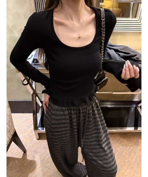 Ritzy(リッツィー)の「ラッフルスクエアネックトップス(Tシャツ/カットソー・レディース・グレー/ブラック・L/M)」の7枚目の写真