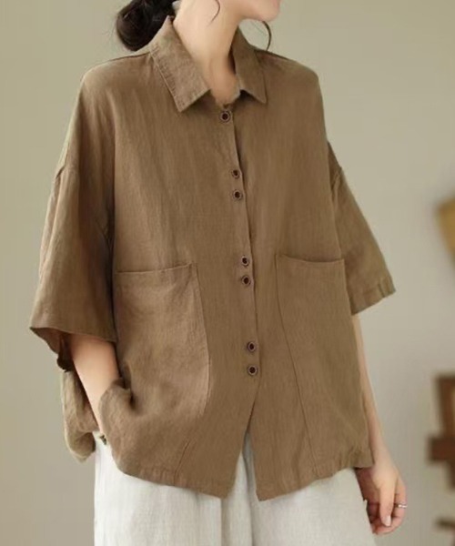 mielu(ミエル)の「ハーフスリーブポケットシャツ(シャツ/ブラウス・レディース・ブラック/ブラウン/ベージュ・LARGE/MEDIUM)」の1枚目の写真
