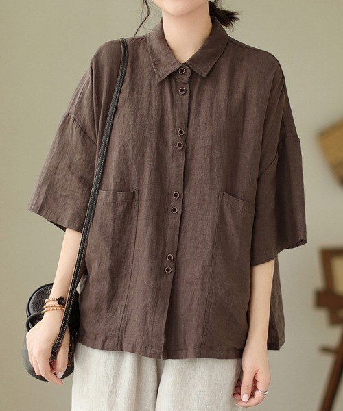 mielu(ミエル)の「ハーフスリーブポケットシャツ(シャツ/ブラウス・レディース・ブラック/ブラウン/ベージュ・LARGE/MEDIUM)」の3枚目の写真