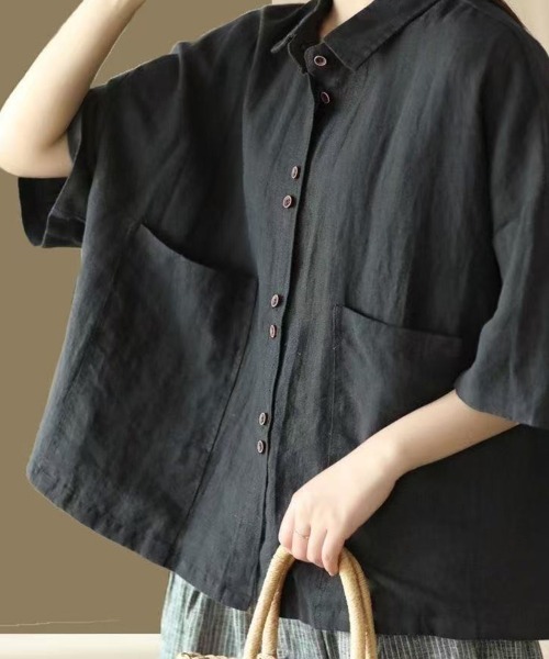 mielu(ミエル)の「ハーフスリーブポケットシャツ(シャツ/ブラウス・レディース・ブラック/ブラウン/ベージュ・LARGE/MEDIUM)」の5枚目の写真