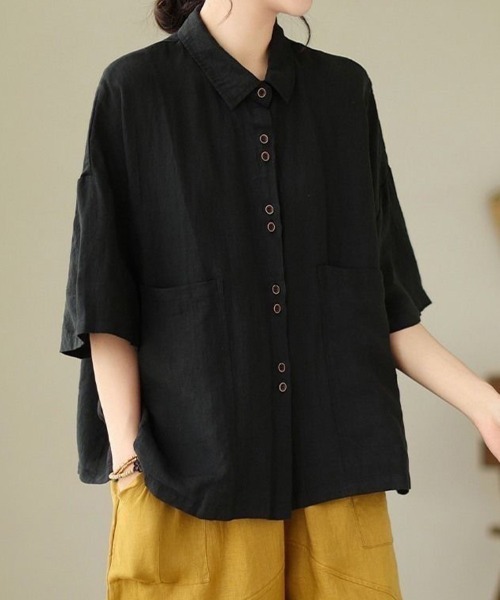 mielu(ミエル)の「ハーフスリーブポケットシャツ(シャツ/ブラウス・レディース・ブラック/ブラウン/ベージュ・LARGE/MEDIUM)」の7枚目の写真