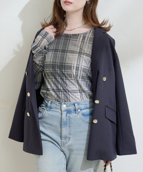 natural couture（ナチュラルクチュール）の「チュールチェックトップス（Tシャツ/カットソー・レディース・ブラウン/グレー/ベージュ・FREE）」の2枚目の写真