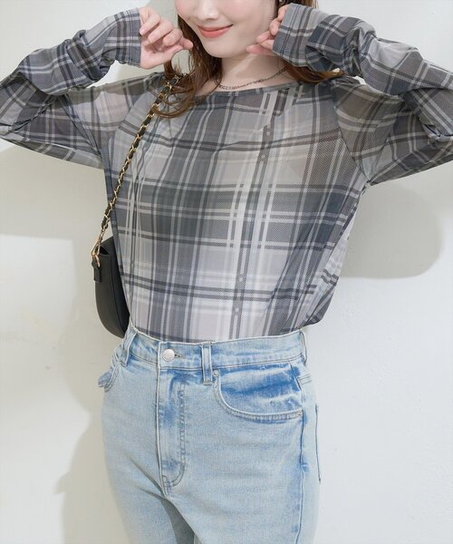 natural couture（ナチュラルクチュール）の「チュールチェックトップス（Tシャツ/カットソー・レディース・ブラウン/グレー/ベージュ・FREE）」の13枚目の写真