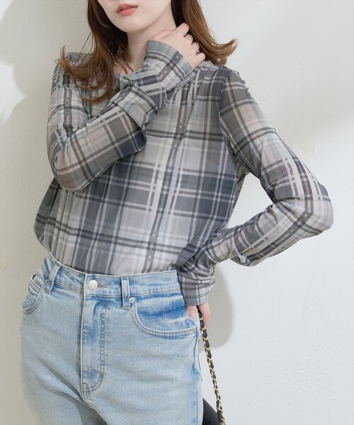 natural couture（ナチュラルクチュール）の「チュールチェックトップス（Tシャツ/カットソー・レディース・ブラウン/グレー/ベージュ・FREE）」の12枚目の写真