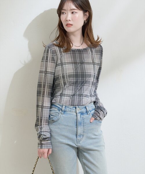 natural couture（ナチュラルクチュール）の「チュールチェックトップス（Tシャツ/カットソー・レディース・ブラウン/グレー/ベージュ・FREE）」の11枚目の写真