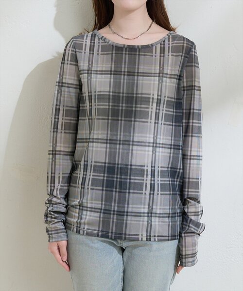 natural couture（ナチュラルクチュール）の「チュールチェックトップス（Tシャツ/カットソー・レディース・ブラウン/グレー/ベージュ・FREE）」の9枚目の写真