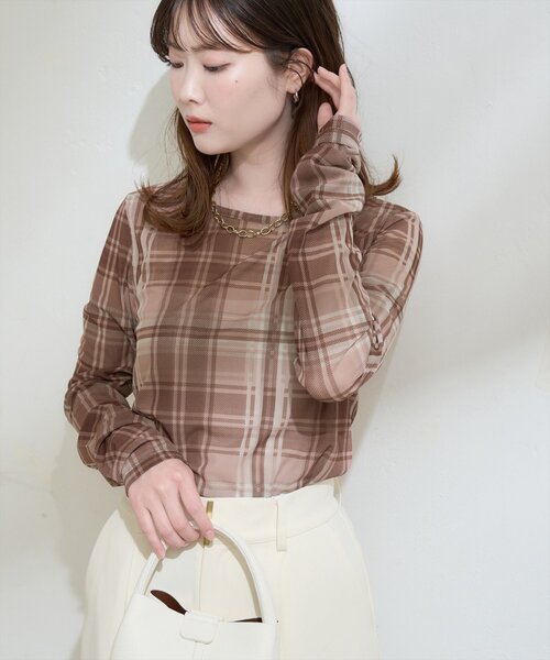 natural couture（ナチュラルクチュール）の「チュールチェックトップス（Tシャツ/カットソー・レディース・ブラウン/グレー/ベージュ・FREE）」の18枚目の写真